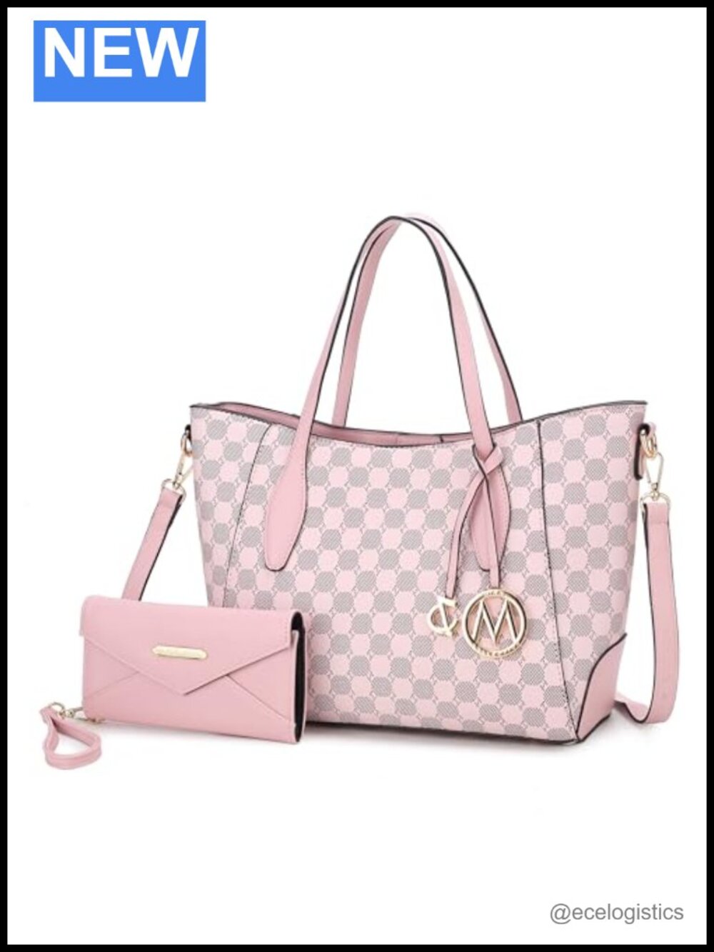 Vegan Leather Top-Handle Tote with Wristlet Wallet, Circular Print, Adjustable